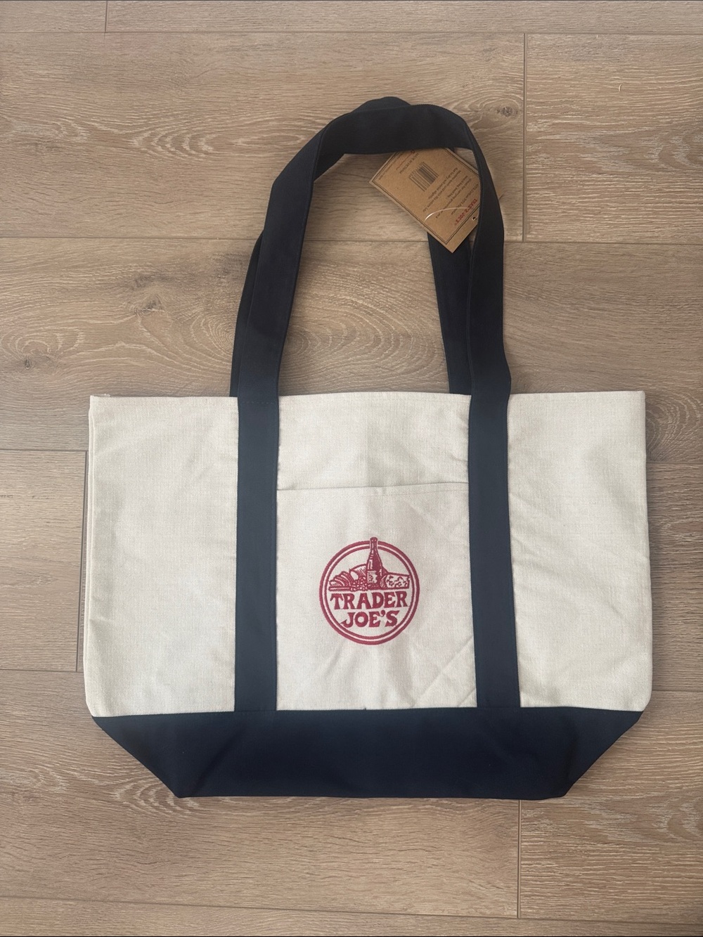 NWT Trader Joe's Canvas Tote Bag in Cream and Dark Blue/Black with Red Logo